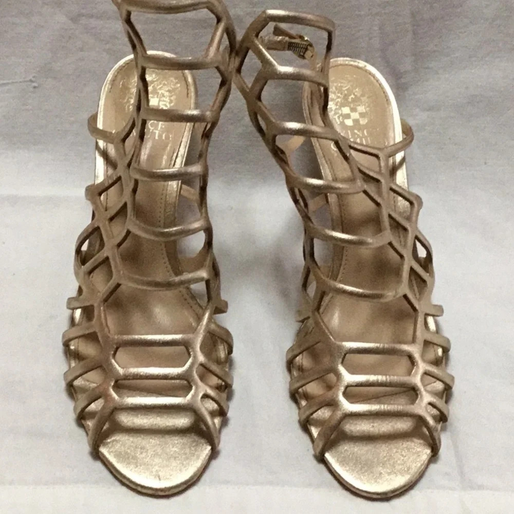 Vince Camuto Gold Strappy Sandals: Size 9, Cut-Out Heel Design. Stylish
